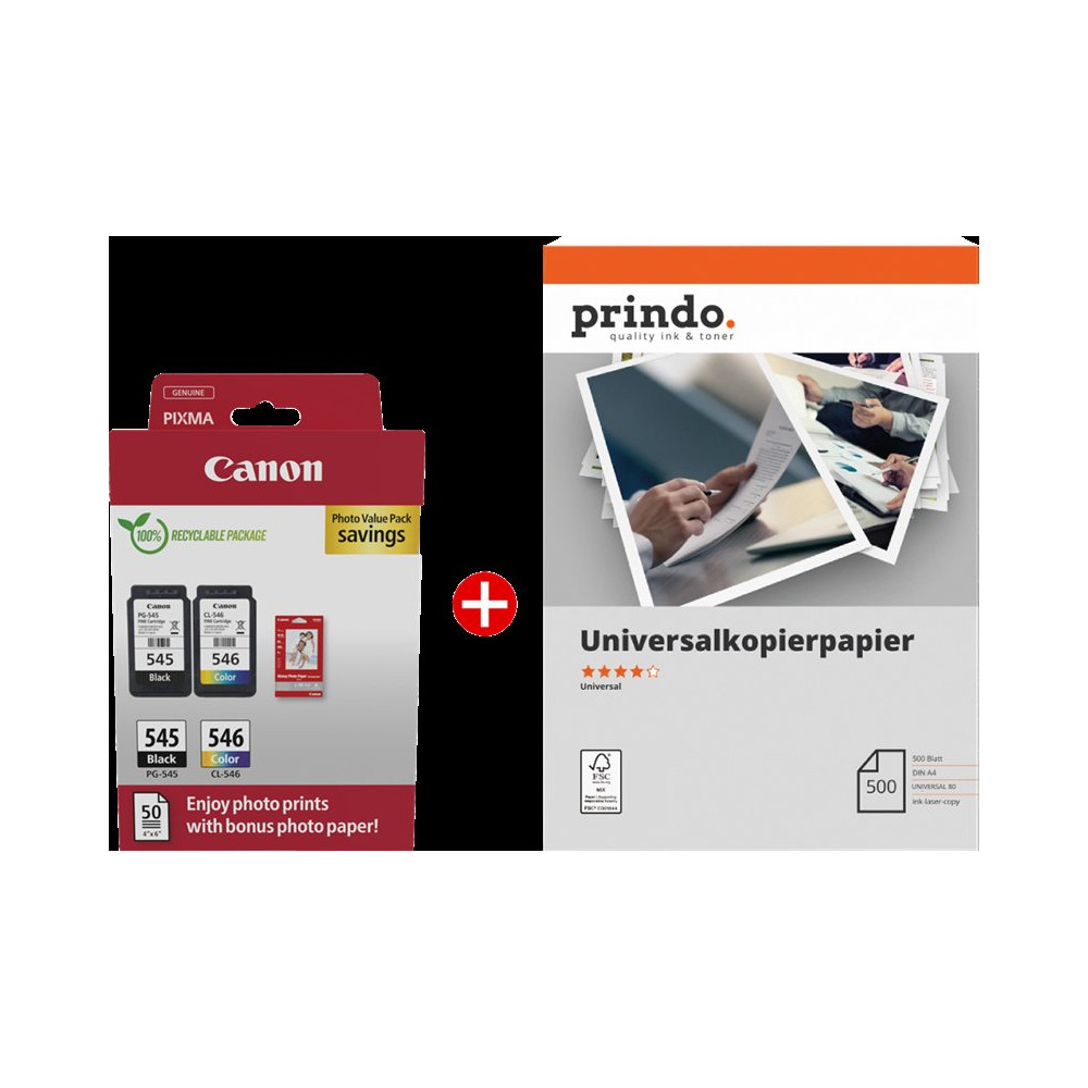 Canon PG-545+CL-546 MCVP nero / differenti colori / Bianco / Bianco Value Pack (+ Prindo Universal Papier 500 Blatt)