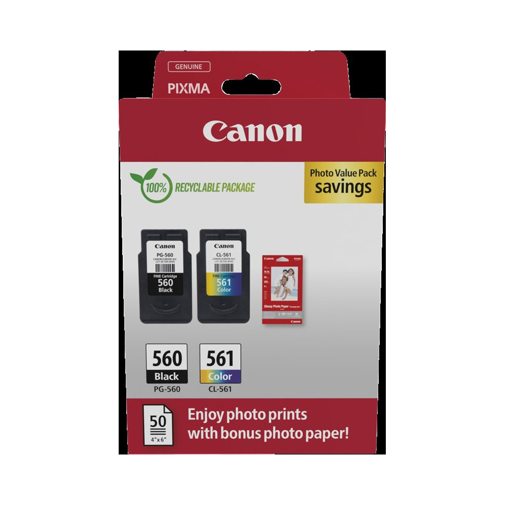 Canon PG-560+CL-561 nero / differenti colori / Bianco Value Pack (+ 10x15 cm Fotopapier 50 Blatt)