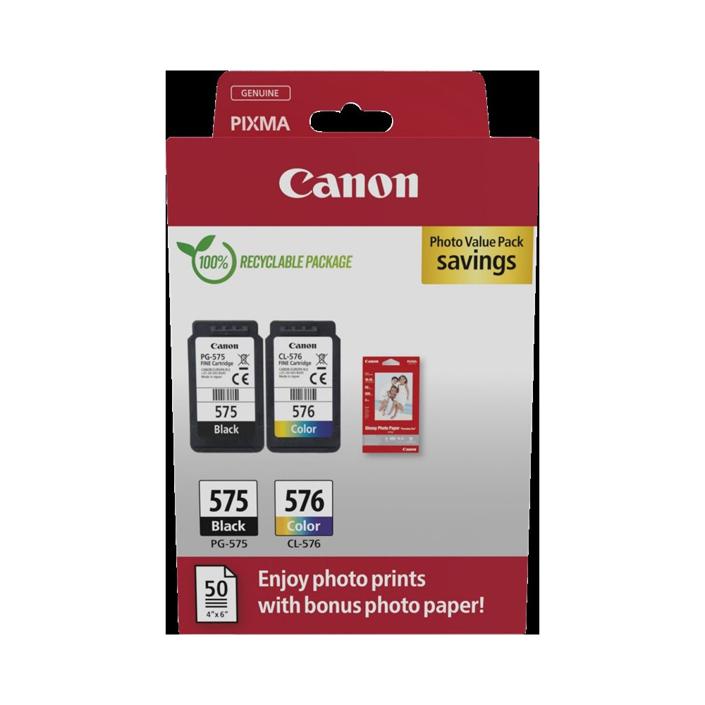 Canon PG-575+CL-576 nero / differenti colori / Bianco Value Pack (+ 10x15 cm Fotopapier 50 Blatt)