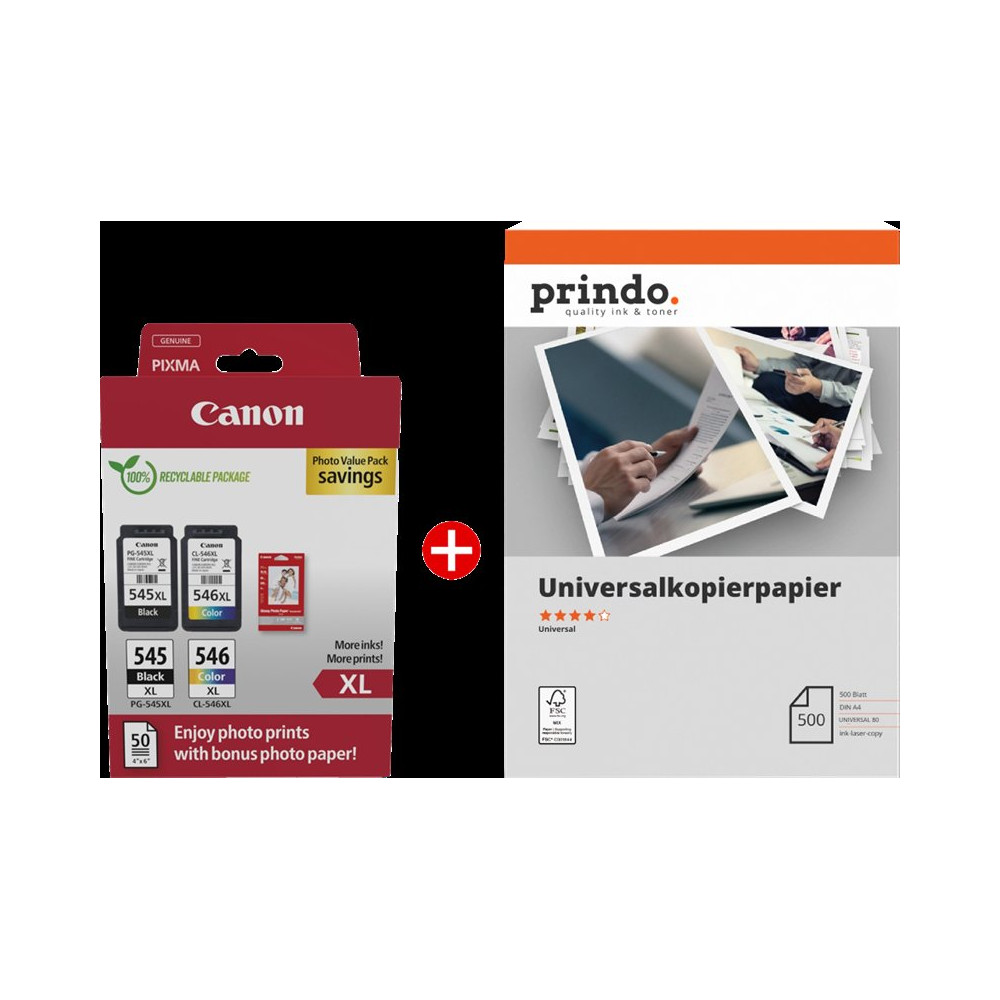Canon PG-545XL + CL-546XL MCVP nero / differenti colori / Bianco Value Pack (+ Prindo Universal Papier 500 Blatt)