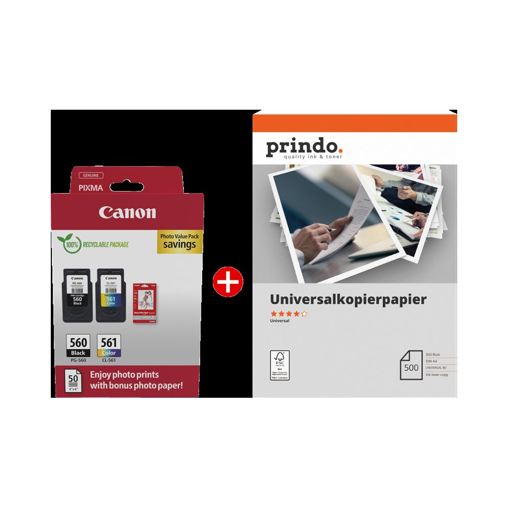 Canon PG-560+CL-561 MCVP nero / differenti colori / Bianco / Bianco Value Pack (+ Prindo Universal Papier 500 Blatt)