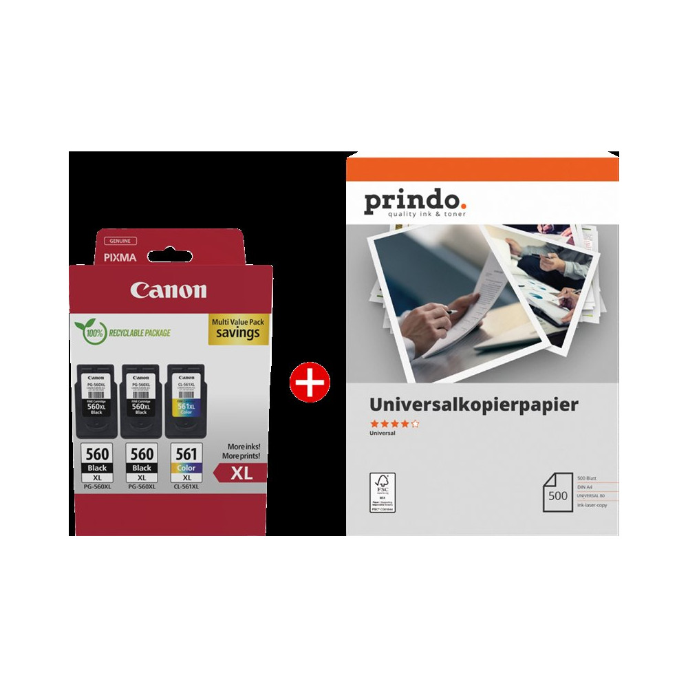 Canon PG-560XL+CL-561XL MCVP nero / differenti colori / Bianco Value Pack (+ Prindo Universal Papier 500 Blatt)