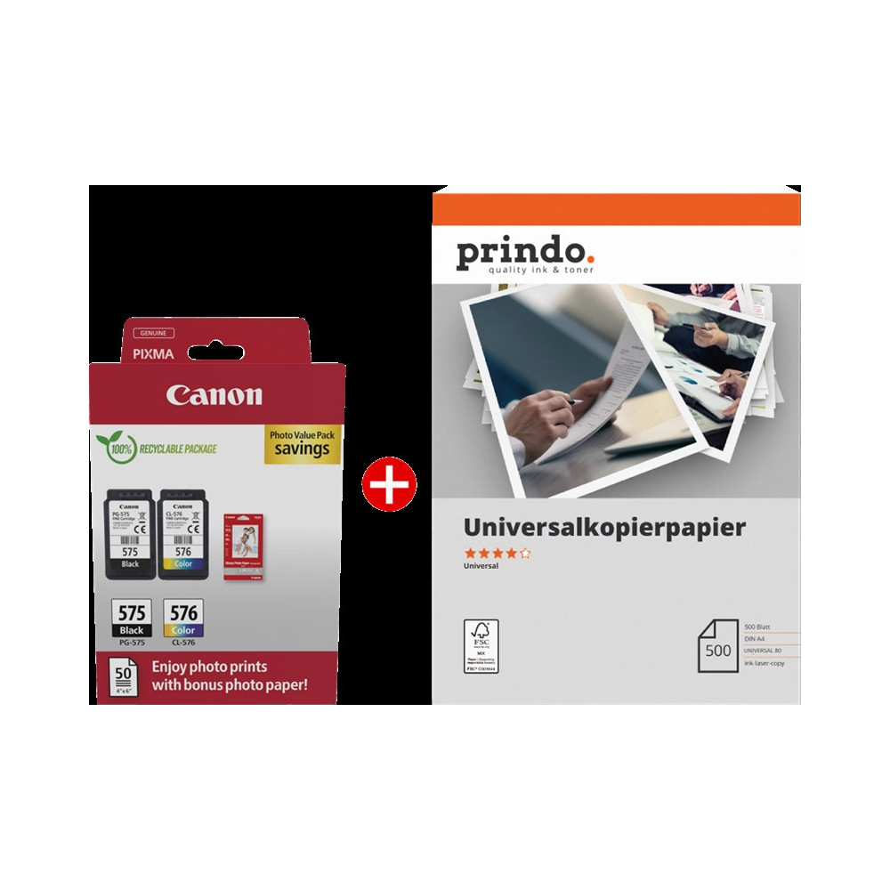 Canon PG-575+CL-576 MCVP nero / differenti colori / Bianco / Bianco Value Pack (+ Prindo Universal Papier 500 Blatt)