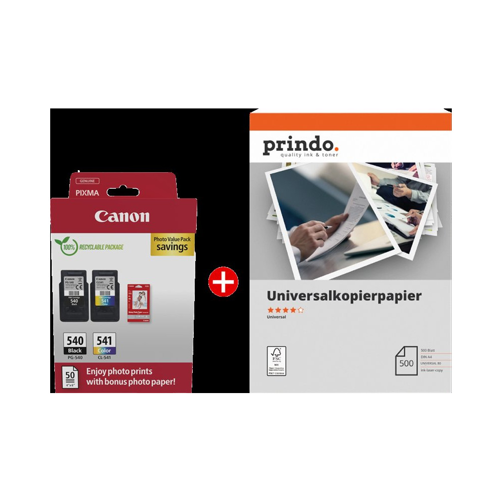 Canon PG-540+CL-541 MCVP nero / differenti colori / Bianco / Bianco Value Pack (+ Prindo Universal Papier 500 Blatt)