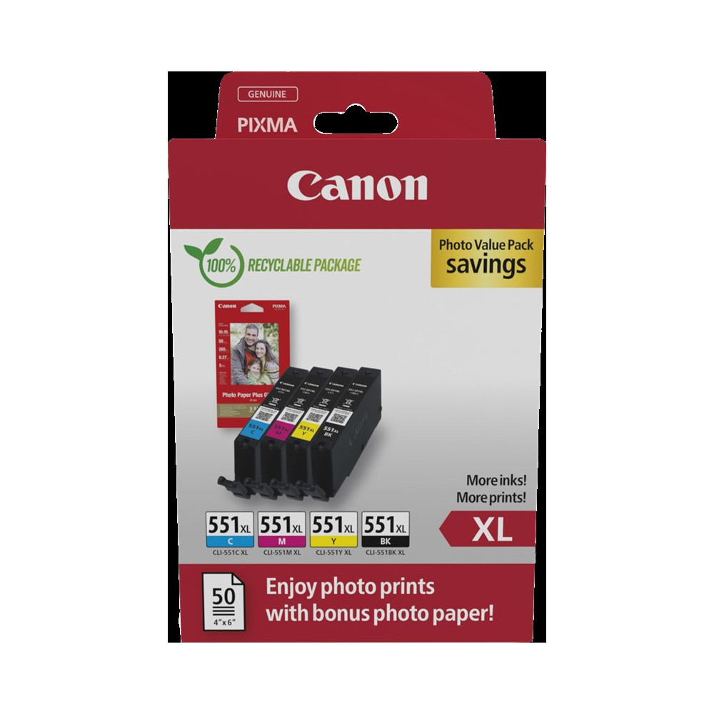 Canon CLI-551 XL nero / ciano / magenta / giallo Value Pack (+ 10x15 cm Fotopapier 50 Blatt)